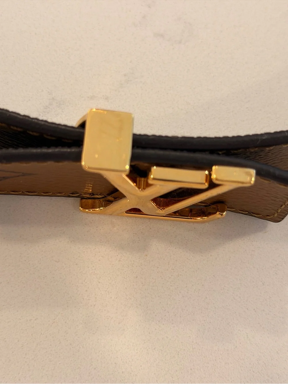 Louis Vuitton Brown Monogram Leather Belt with Gold LV Buckle